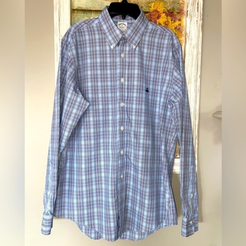Brooks Brothers Men's Non Iron Lightweight Cotton Blue Check Plaid Medium